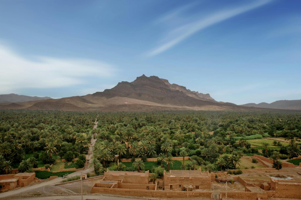 Breathtaking landscape of the lush Drâa Valley with mountains and greenery in Morocco.