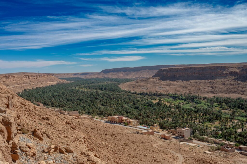 Scenic view of an oasis and desert landscape in Errachidia, Morocco, under a clear blue sky.